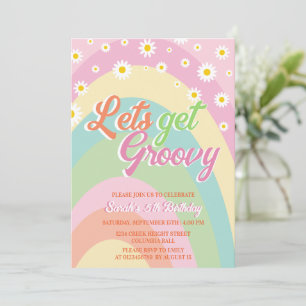 Convites Vamos Obter Groovy Retro Rainbow Floral 5 Aniversá
