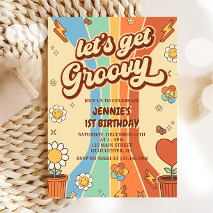 Convites Vamos Obter o Groovy Retro Festa do primeiro anive