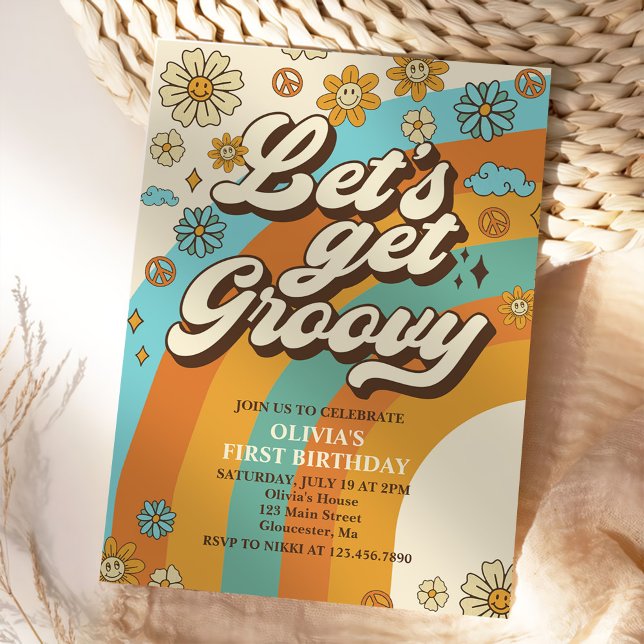 Convites Vamos Obter o Groovy Retro Festa do primeiro anive (Criador carregado)
