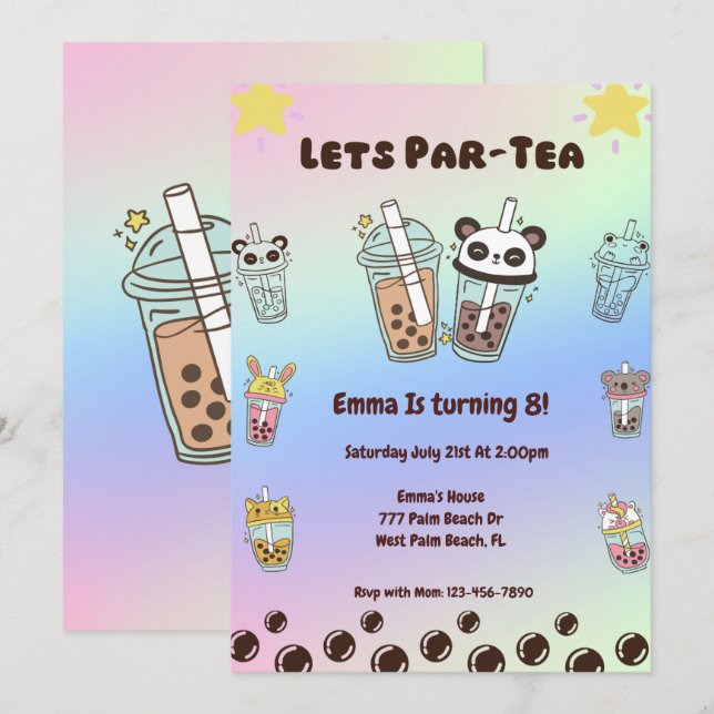 Convites Vamos Par-Tea Bubble Tea Boba Aniversário (Frente/Verso)