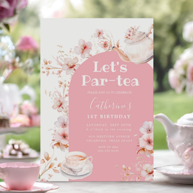Convites Vamos Par-tea Rosa Boho Floral Birthday Tea Party (Criador carregado)