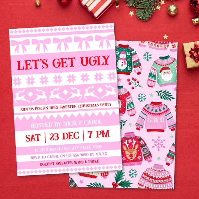 Convites Vamos Passa Frio Natal Suado Rosa e Vermelho (Let's Get Ugly Christmas Ugly Sweater Pink & Red Invitation)