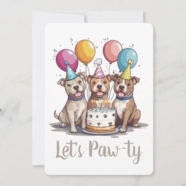 Convites Vamos Pawty Birthday Pit Bull Cães (Frente)