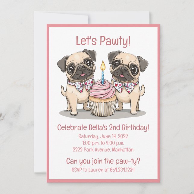 Convites Vamos Pawty Birthday Pug Cupcake (Frente)