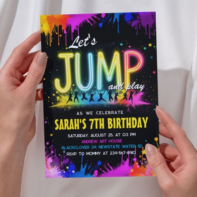 Convites Vamos pular o Partido - Neon Splash Birthday (Let’s Jump Party – Neon Splash Birthday Invitation)