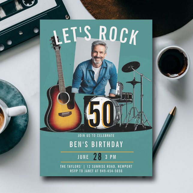 Convites Vamos Rock Guitar Drums Men 50th Birthday Photo (music fest rock ticket 50th birthday party photo invitation men modern classy fun blue teal orange)