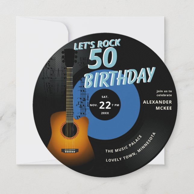 Convites Vamos Rock Guitar Music Notes Blue 50th Birthday (Frente)