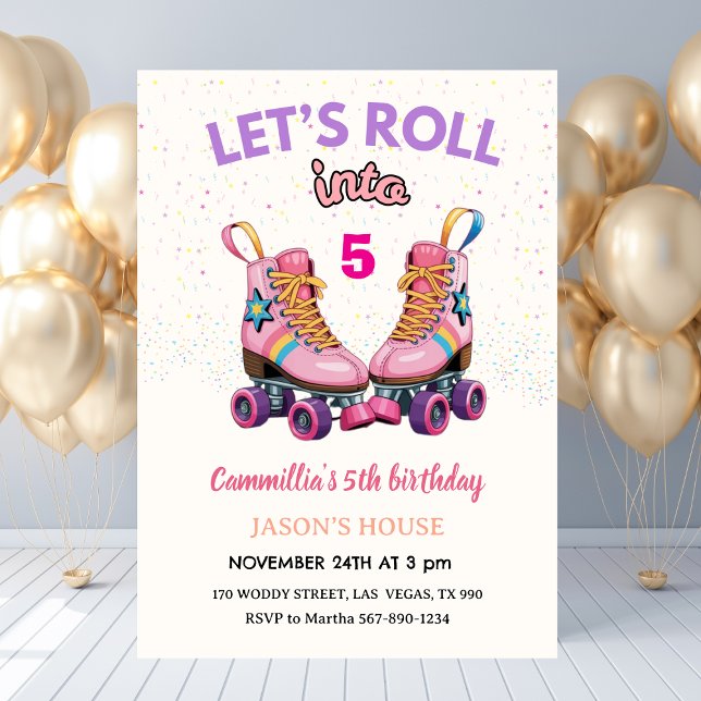 Convites Vamos Rolar para os 5 Anos de Idade  (Let's Roll into 5 Retro Roller Skate Birthday Invitation
)