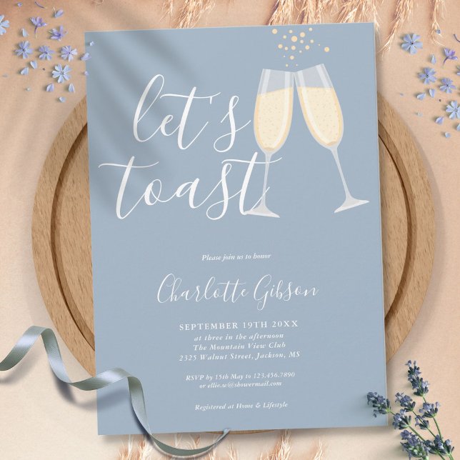 Convites Vamos Rolar um Brinde Script Chuveiro de Noiva Azu (Let's Toast Script Bridal Shower Dusty Blue Invitation)