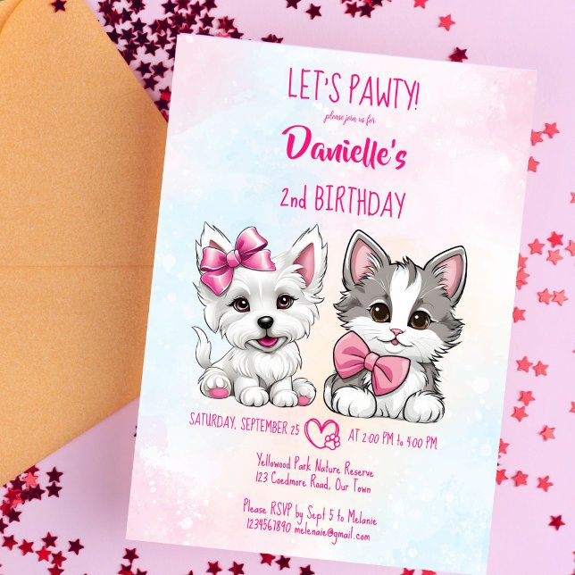 Convites Vamos rosado fofinho fofinho fofo e gatinho aniver (Let's pawty pink cute puppy and kitty birthday party invitation template digital download cats dogs)
