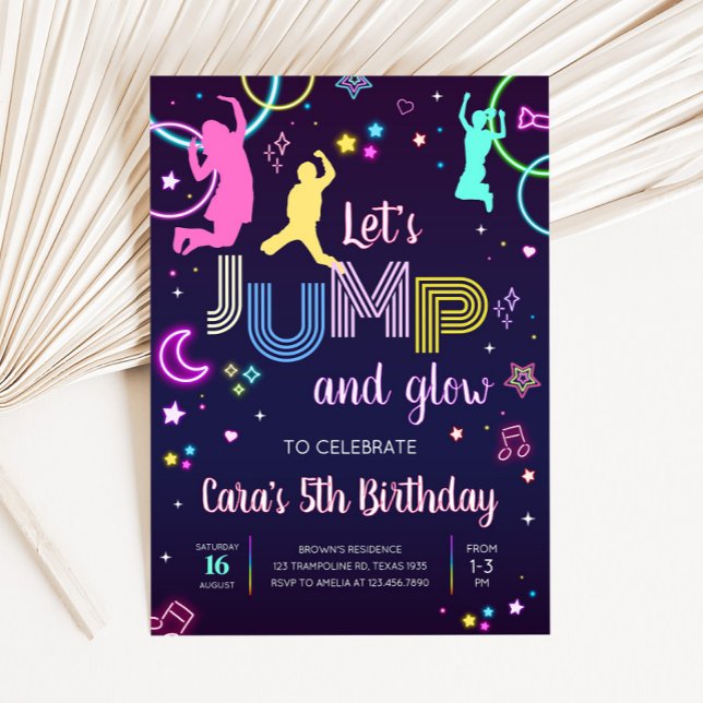 Convites Vamos salta e Festa de aniversário brilhante (Let's Jump and Glow Birthday Party Invitation )
