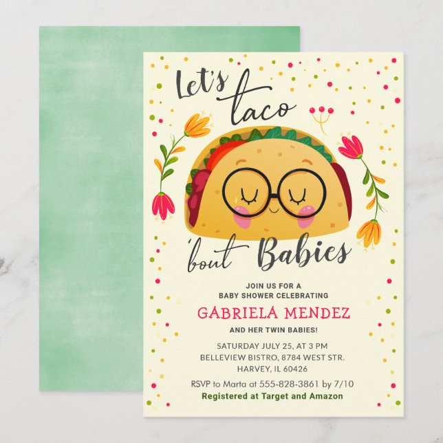 Convites Vamos Taco Sobre Bebês Gêmeos Chá de fraldas (Frente/Verso)