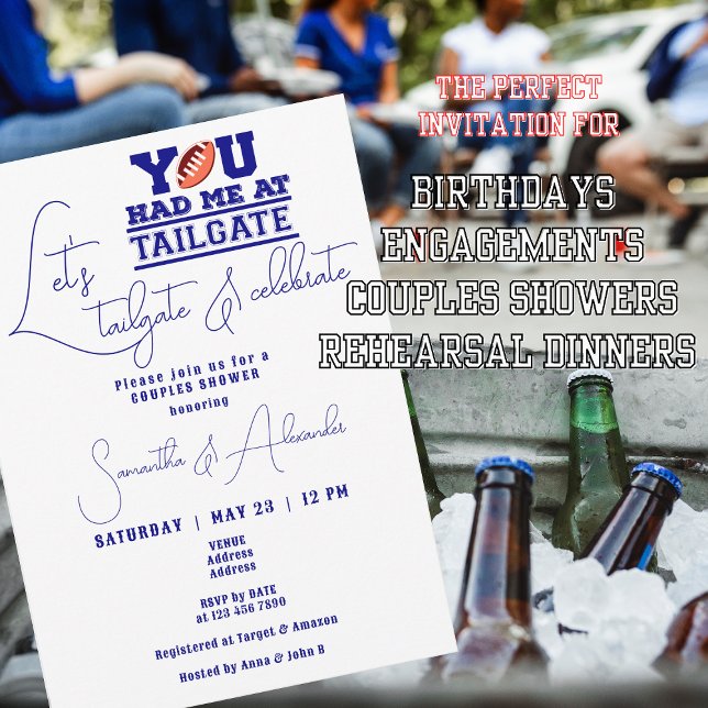 Convites Vamos Tailgate Celebra o Chá Casal Azul Bridal (Let's Tailgate Celebrate Navy Blue invite for Bridal or Couple Showers, birthdays, rehearsal dinners)