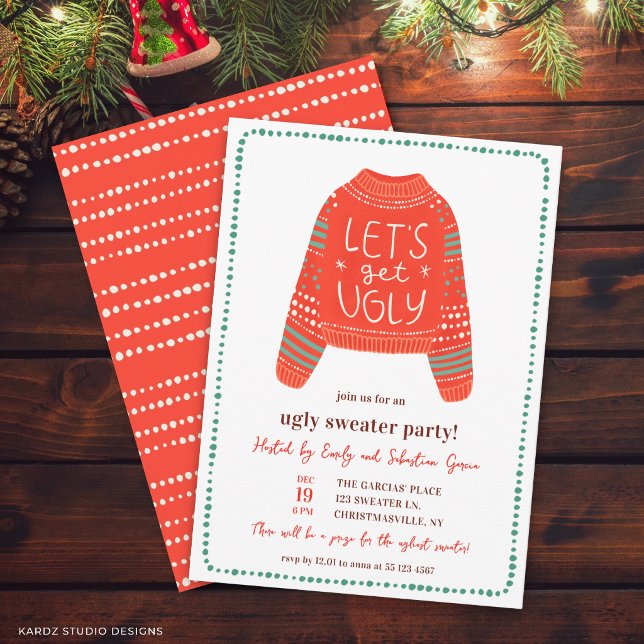 Convites Vamos Ter Diversão Feia Festa de Suéter Feio de Na (Christmas Party invitation shown at 4.5 x 6 inches. Customize + choose size, paper, + corner style.
)