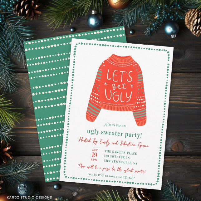 Convites Vamos Ter Diversão Feia Festa de Suéter Feio de Na (Front + back of Christmas Party invitation shown at a 5x7 inch. )