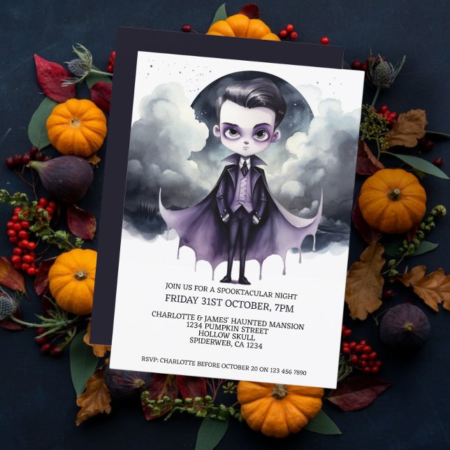 Convites Vampiro bonitinho de Halloween debaixo de lua chei (Halloween Cute Vampire Under a Full Moon Invitations from Ricaso. Halloween Party invites)