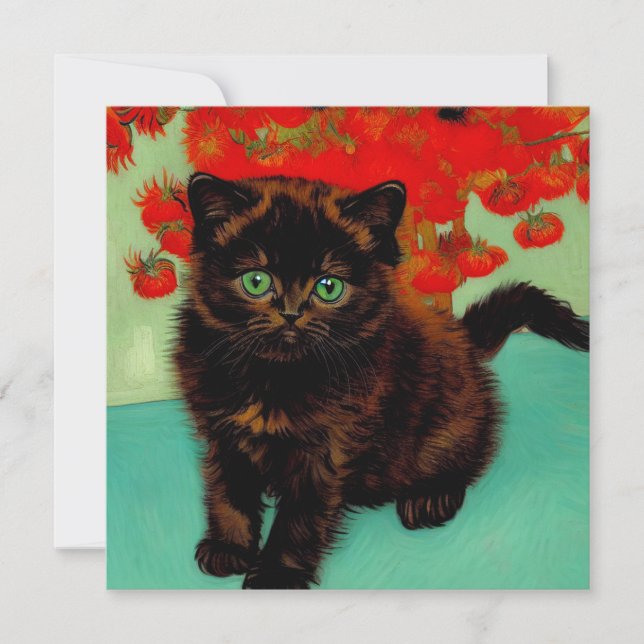 Convites Van Gogh Gato Preto Flores Vermelhas (Frente)
