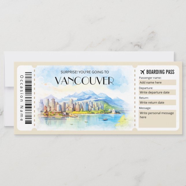 Convites Vancouver Canadá - Passagem de Embarque Plana (Frente)