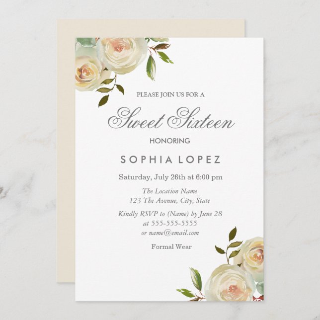 Convites Vanilla White Cream Rosas Elegante Sweet 16 Party (Frente/Verso)