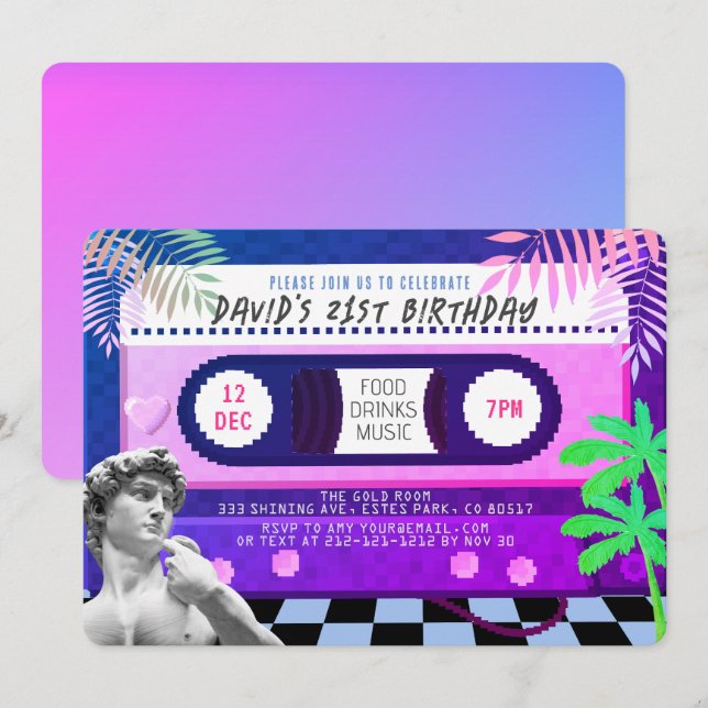 Convites Vaporwave Future Funk Cassette - Fita Aniversário (Frente/Verso)