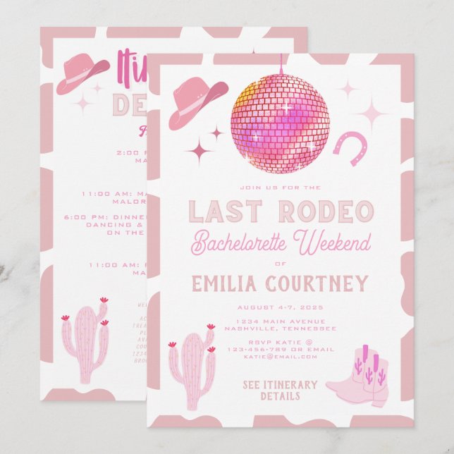 Convites Vaqueira de Disco Rosa Último Rodeio Fim de Semana (Frente/Verso)