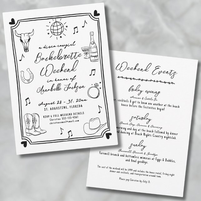 Convites Vaqueira do Disco Desenhada à Mão Festa de Despedi (Disco Cowgirl Hand Drawn Bachelorette Party Invitation)