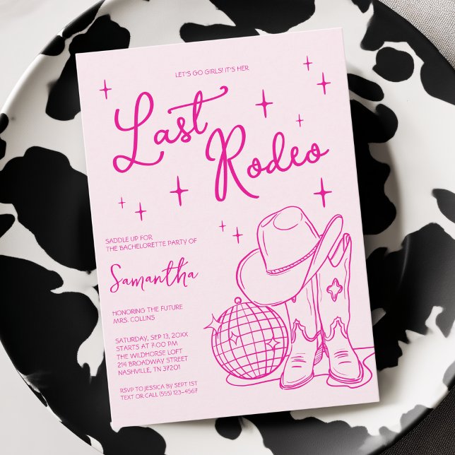 Convites Vaqueira Rosa Moderna Última Festa de Despedida de (Modern Pink Cowgirl Last Rodeo Bachelorette Party Invitation)