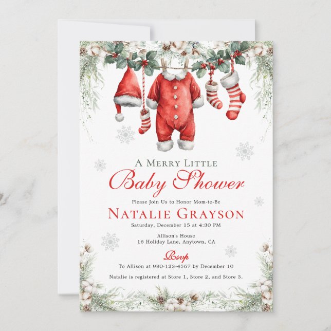 Convites Varal de Roupas de Papai Noel para Chás de Bebê Al (Frente)