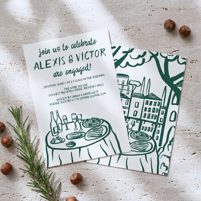 Convites Varanda de Jantar Caprichosa Festa de Engajamento  (Whimsical Buffet Table Balcony Dinner Hand-drawn Custom Engagement Party Invitation
)