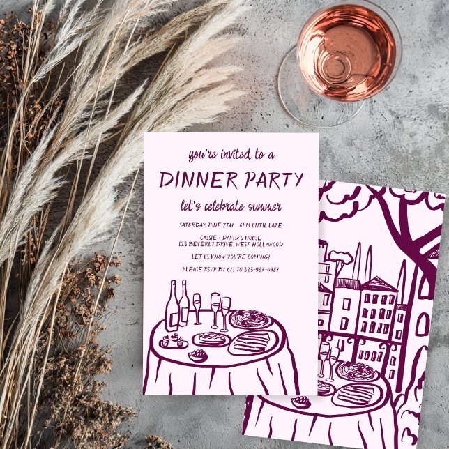 Convites Varanda de Jantar Caprichosa Personalizada Desenha (Whimsical Dinner Party Balcony  City Custom Hand-drawn Invitation
)