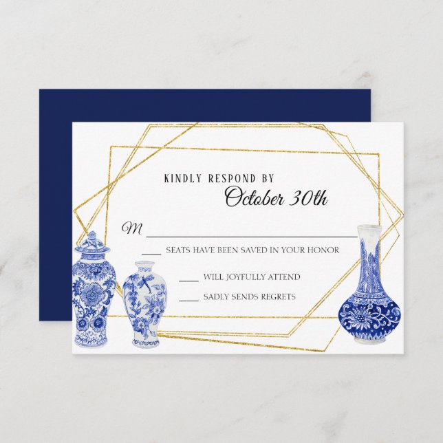 Convites Vaso Antigo Moderno Azul Marinho Dourado Pote Ging (Frente/Verso)