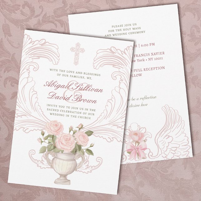 Convites Vaso de Rosas Delicadas Casamento Católico (Criador carregado)