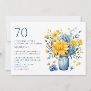 Convites Vaso Flores Amarelas Azuis 70º Aniversário