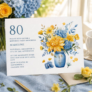 Convites Vaso Flores Amarelas Azuis 80º Aniversário