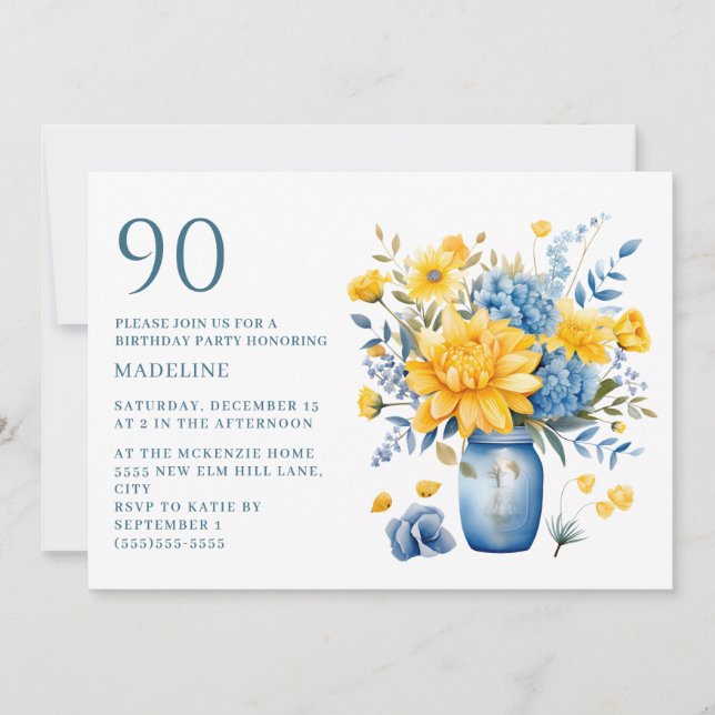 Convites Vaso Flores Amarelas Azuis Aniversário de 90 anos (Frente)