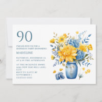 Vaso Flores Amarelas Azuis Aniversário de 90 anos