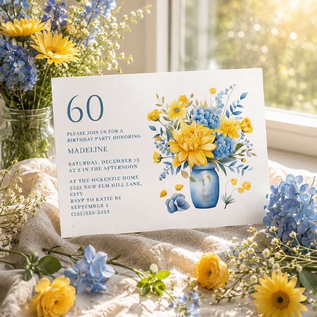 Convites Vaso Flores Amarelas e Azuis Aniversário de 60 ano (Blue and yellow flowers 60th birthday party invitation)