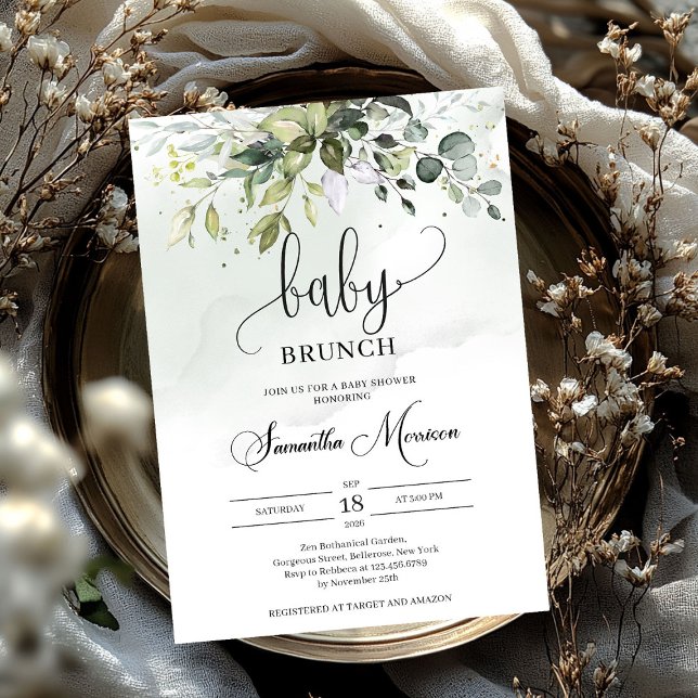 Convites Vassoura-de-dourada de folhagem elegante (Elegant typography greenery foliage baby brunch invitation)