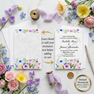 Convites Vazio floral de aquarela roxo e azul casamento