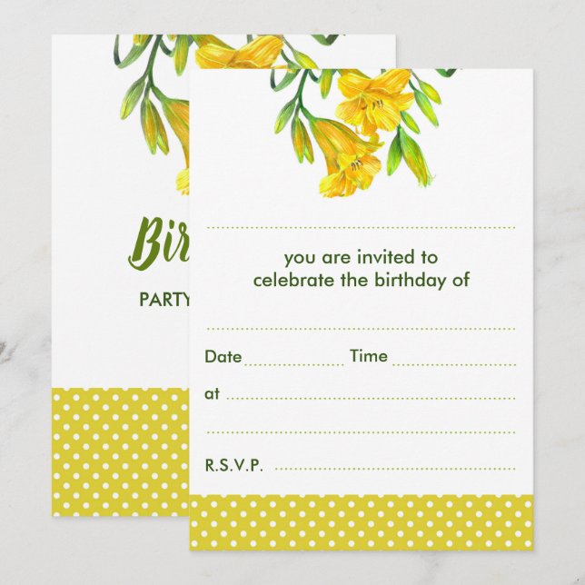 Convites Vazio Watercolor Amarelo Dia Lírios Bolinhas (Frente/Verso)