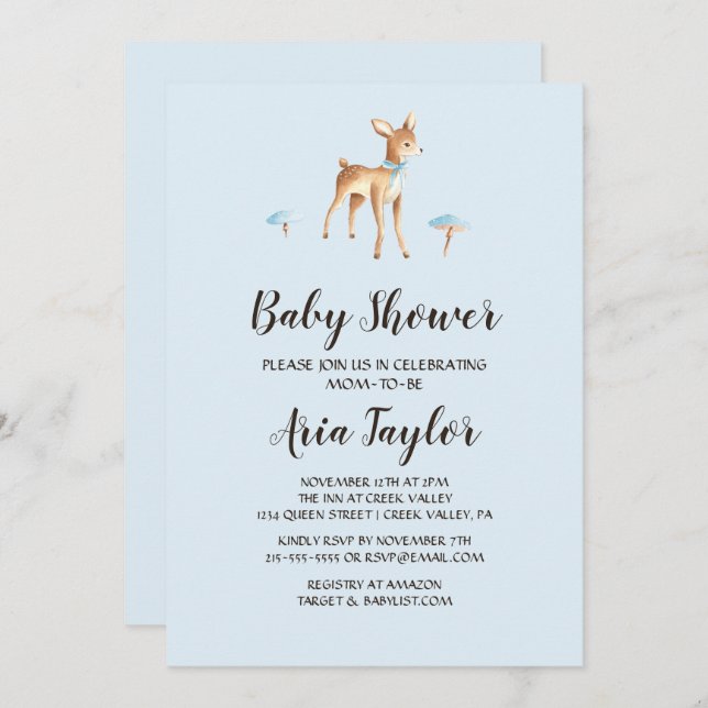 Convites Veado de Aquarela com Chá de fraldas de Cogumelos (Frente/Verso)