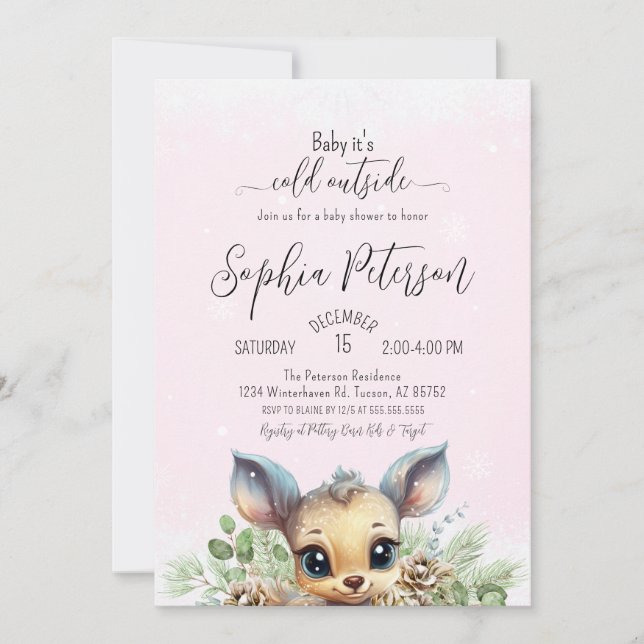 Convites Veado de Chá de fraldas Rosa, Frio de Neve Inverno (Frente)