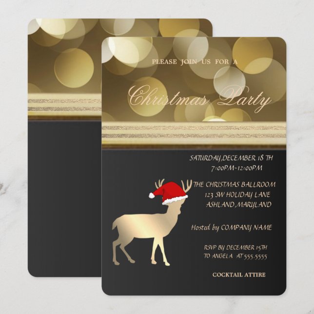 Convites Veado de Natal Elegante com Chapéu de Papai Noel,  (Frente/Verso)
