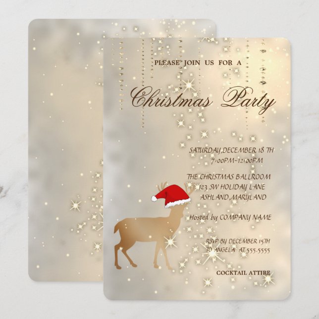 Convites Veado de Natal Elegante com Chapéu de Papai Noel,  (Frente/Verso)