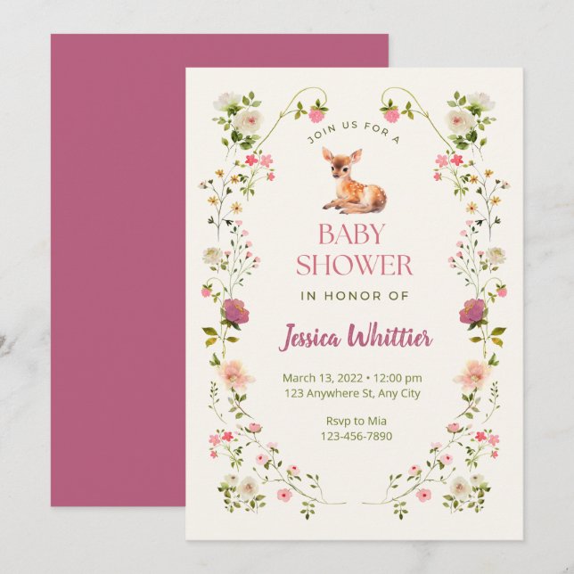Convites Veado rosa e verde e Chá de fraldas floral (Frente/Verso)