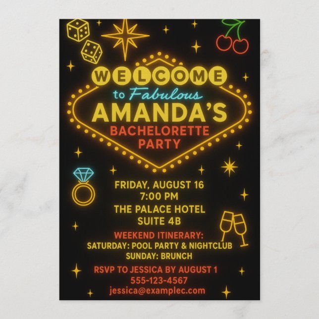 Convites Vegas Neon Sign Bachelorette Party Invitation  (Frente)