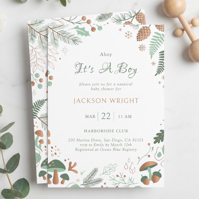 Convites Vegetação Caprichosa da Floresta e Cogumelo Menino (Whimsical Woodland Greenery and Mushrooms Boy Invitation)