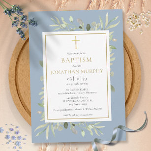 Convites Vegetação Floral Azul Empoerado Batismo de Menino