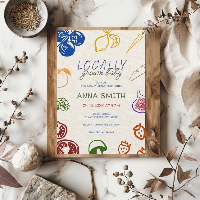 Convites Vegetais Desenhados Para Mão De Chá de fraldas Cul (Locally Grown Baby Farmer's Market Baby Shower Farm Raised Hand Drawn Illustrated Colorful Invite)