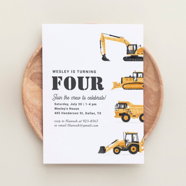 Convites Veículos de Construção 4ª festa de aniversário (Criador carregado)